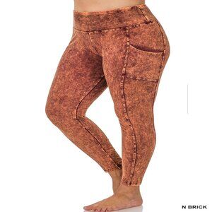 ZENANA MINERAL WASH WIDE WAISTBAND FULL LENGTH LEGGINGS W/POCKETS BRICK 1X-3X
